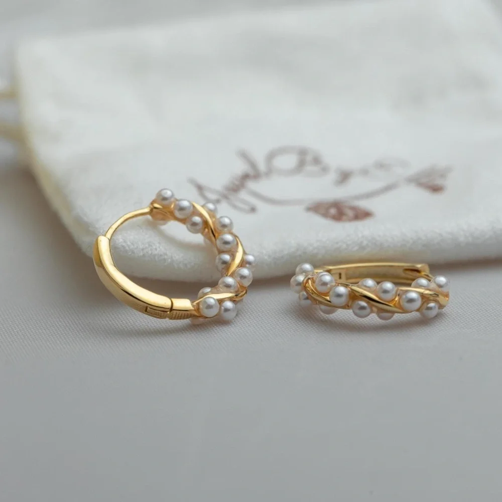 Elegant Gold Plated Hoop Earrings with Pearl Inlays - Picture 8 of 9